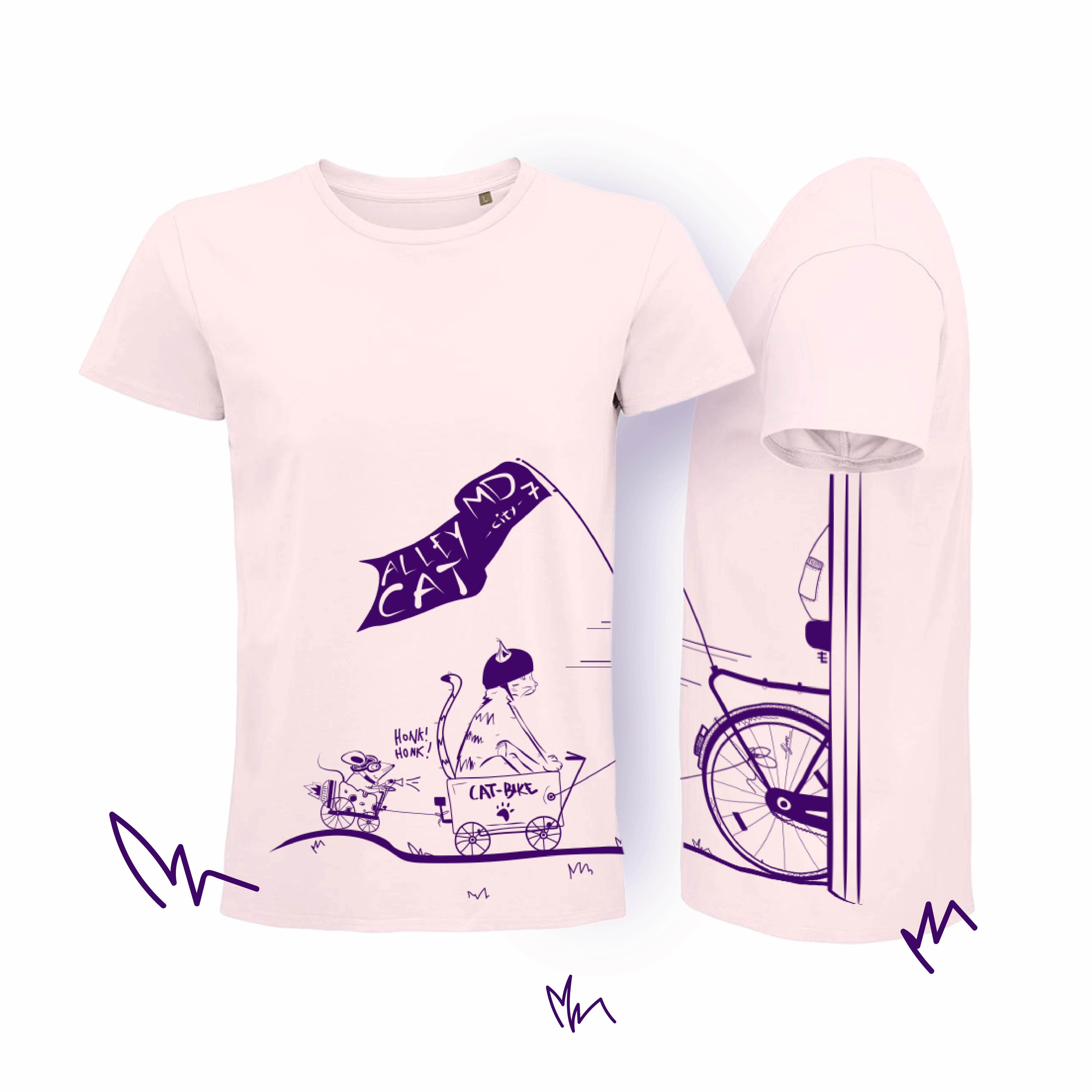 Rosafarbenes Alleycat Shirt 2024 mit Cat-Bike-Motiv